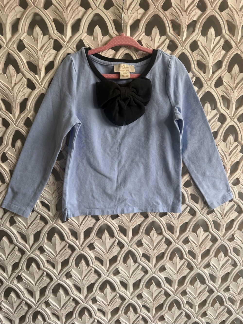 kate spade Light Blue Long Sleeve Top with Black Bow Accent, size 4Y
